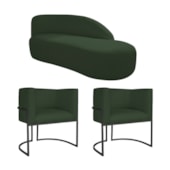 Kit Divã Luna 160cm Lado Direito e 02 Poltronas Base de Ferro Preto Linho Verde
