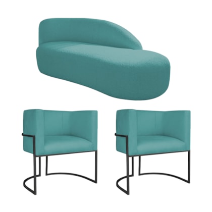 Kit Divã Luna 160cm Lado Direito e 02 Poltronas Base de Ferro Preto Suede Azul Turquesa