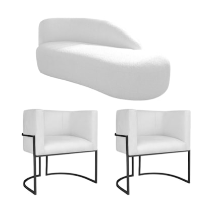 Kit Divã Luna 160cm Lado Direito e 02 Poltronas Base de Ferro Preto Suede Branco