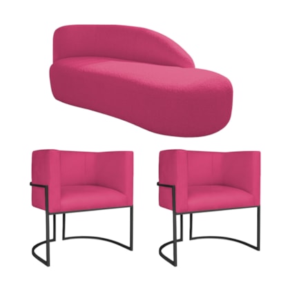 Kit Divã Luna 160cm Lado Direito e 02 Poltronas Base de Ferro Preto Suede Pink