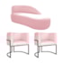 Kit Divã Luna 160cm Lado Direito e 02 Poltronas Base de Ferro Preto Suede Rosa Bebe