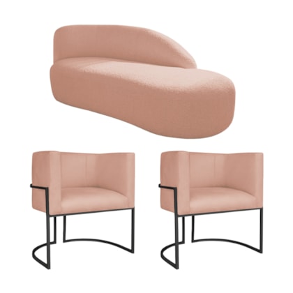 Kit Divã Luna 160cm Lado Direito e 02 Poltronas Base de Ferro Preto Suede Rose
