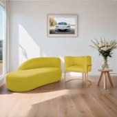 Kit Divã Luna 160cm Lado Esquerdo e 01 Poltrona Base de Ferro Dourado Suede Amarelo
