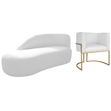 Kit Divã Luna 160cm Lado Esquerdo e 01 Poltrona Base de Ferro Dourado Suede Branco