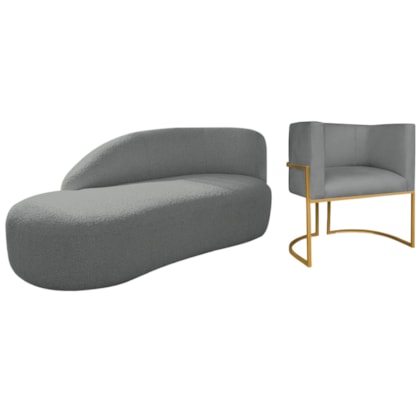 Kit Divã Luna 160cm Lado Esquerdo e 01 Poltrona Base de Ferro Dourado Suede Cinza