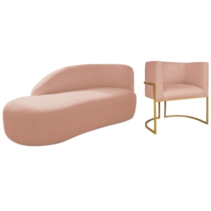 Kit Divã Luna 160cm Lado Esquerdo e 01 Poltrona Base de Ferro Dourado Suede Rose