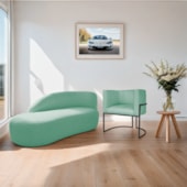 Kit Divã Luna 160cm Lado Esquerdo e 01 Poltrona Base de Ferro Preto Suede Azul Ciano