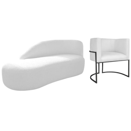 Kit Divã Luna 160cm Lado Esquerdo e 01 Poltrona Base de Ferro Preto Suede Branco