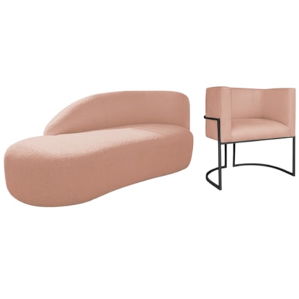 Kit Divã Luna 160cm Lado Esquerdo e 01 Poltrona Base de Ferro Preto Suede Rose