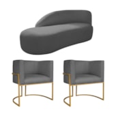 Kit Divã Luna 160cm Lado Esquerdo e 02 Poltronas Base de Ferro Dourado Linho Cinza Escuro