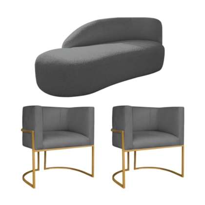 Kit Divã Luna 160cm Lado Esquerdo e 02 Poltronas Base de Ferro Dourado Linho Cinza Escuro