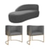 Kit Divã Luna 160cm Lado Esquerdo e 02 Poltronas Base de Ferro Dourado Linho Cinza Escuro