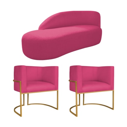 Kit Divã Luna 160cm Lado Esquerdo e 02 Poltronas Base de Ferro Dourado Suede Pink