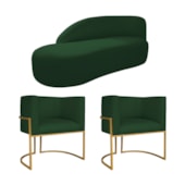 Kit Divã Luna 160cm Lado Esquerdo e 02 Poltronas Base de Ferro Dourado Suede Verde