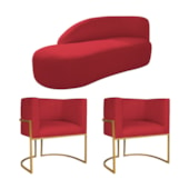 Kit Divã Luna 160cm Lado Esquerdo e 02 Poltronas Base de Ferro Dourado Suede Vermelho