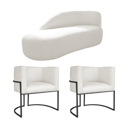 Kit Divã Luna 160cm Lado Esquerdo e 02 Poltronas Base de Ferro Preto Bouclé Branco