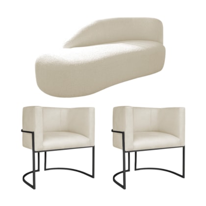 Kit Divã Luna 160cm Lado Esquerdo e 02 Poltronas Base de Ferro Preto Linho Bege