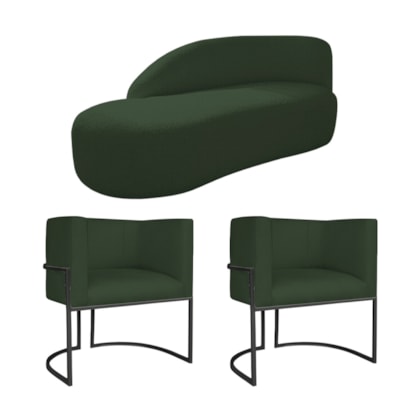Kit Divã Luna 160cm Lado Esquerdo e 02 Poltronas Base de Ferro Preto Linho Verde