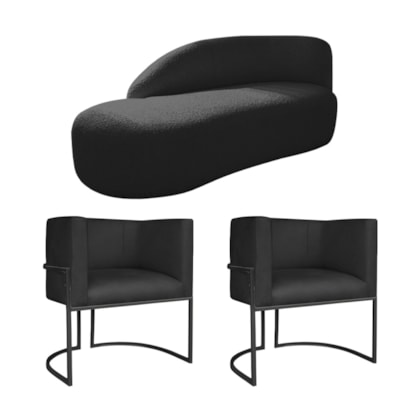 Kit Divã Luna 160cm Lado Esquerdo e 02 Poltronas Base de Ferro Preto Suede Preto