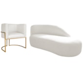 Kit Divã Luna 185cm Lado Direito e 01 Poltrona Base de Ferro Dourado Bouclé Branco
