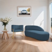 Kit Divã Luna 185cm Lado Direito e 01 Poltrona Base de Ferro Dourado Linho Azul Royal