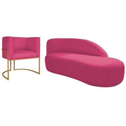 Kit Divã Luna 185cm Lado Direito e 01 Poltrona Base de Ferro Dourado Suede Pink