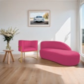 Kit Divã Luna 185cm Lado Direito e 01 Poltrona Base de Ferro Dourado Suede Pink