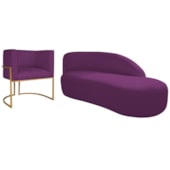 Kit Divã Luna 185cm Lado Direito e 01 Poltrona Base de Ferro Dourado Suede Roxo