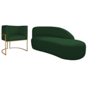 Kit Divã Luna 185cm Lado Direito e 01 Poltrona Base de Ferro Dourado Suede Verde