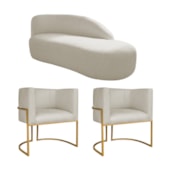 Kit Divã Luna 185cm Lado Direito e 02 Poltronas Base de Ferro Dourado Bouclé Bege