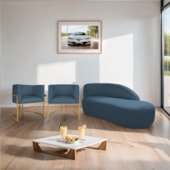 Kit Divã Luna 185cm Lado Direito e 02 Poltronas Base de Ferro Dourado Linho Azul Royal