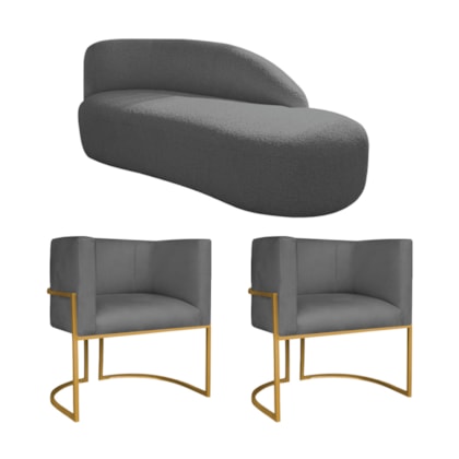 Kit Divã Luna 185cm Lado Direito e 02 Poltronas Base de Ferro Dourado Linho Cinza Escuro