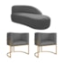 Kit Divã Luna 185cm Lado Direito e 02 Poltronas Base de Ferro Dourado Linho Cinza Escuro
