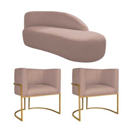 Kit Divã Luna 185cm Lado Direito e 02 Poltronas Base de Ferro Dourado Linho Rose