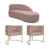 Kit Divã Luna 185cm Lado Direito e 02 Poltronas Base de Ferro Dourado Linho Rose