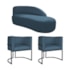 Kit Divã Luna 185cm Lado Direito e 02 Poltronas Base de Ferro Preto Linho Azul Royal