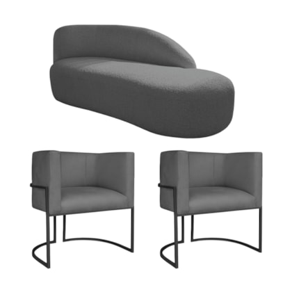 Kit Divã Luna 185cm Lado Direito e 02 Poltronas Base de Ferro Preto Linho Cinza Escuro