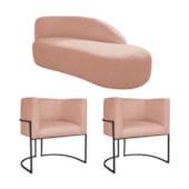 Kit Divã Luna 185cm Lado Direito e 02 Poltronas Base de Ferro Preto Suede Rose