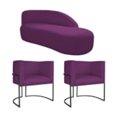 Kit Divã Luna 185cm Lado Direito e 02 Poltronas Base de Ferro Preto Suede Roxo
