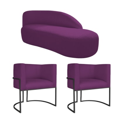 Kit Divã Luna 185cm Lado Direito e 02 Poltronas Base de Ferro Preto Suede Roxo