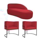 Kit Divã Luna 185cm Lado Direito e 02 Poltronas Base de Ferro Preto Suede Vermelho