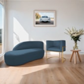 Kit Divã Luna 185cm Lado Esquerdo e 01 Poltrona Base de Ferro Dourado Linho Azul Royal