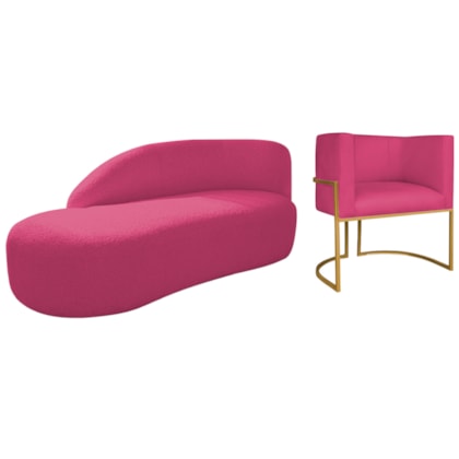 Kit Divã Luna 185cm Lado Esquerdo e 01 Poltrona Base de Ferro Dourado Suede Pink