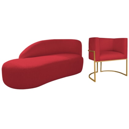 Kit Divã Luna 185cm Lado Esquerdo e 01 Poltrona Base de Ferro Dourado Suede Vermelho