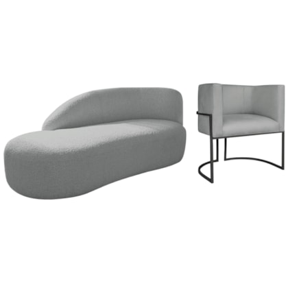 Kit Divã Luna 185cm Lado Esquerdo e 01 Poltrona Base de Ferro Preto Bouclé Cinza