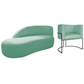 Kit Divã Luna 185cm Lado Esquerdo e 01 Poltrona Base de Ferro Preto Suede Azul Ciano