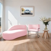 Kit Divã Luna 185cm Lado Esquerdo e 01 Poltrona Base de Ferro Preto Suede Rosa Bebe
