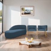 Kit Divã Luna 185cm Lado Esquerdo e 02 Poltronas Base de Ferro Dourado Linho Azul Royal
