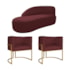 Kit Divã Luna 185cm Lado Esquerdo e 02 Poltronas Base de Ferro Dourado Suede Bordo