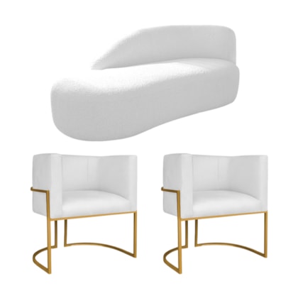 Kit Divã Luna 185cm Lado Esquerdo e 02 Poltronas Base de Ferro Dourado Suede Branco